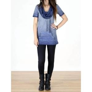 NEW TOUGH LUV cotton short sleeve cowl neck tunic top in blue acid wash